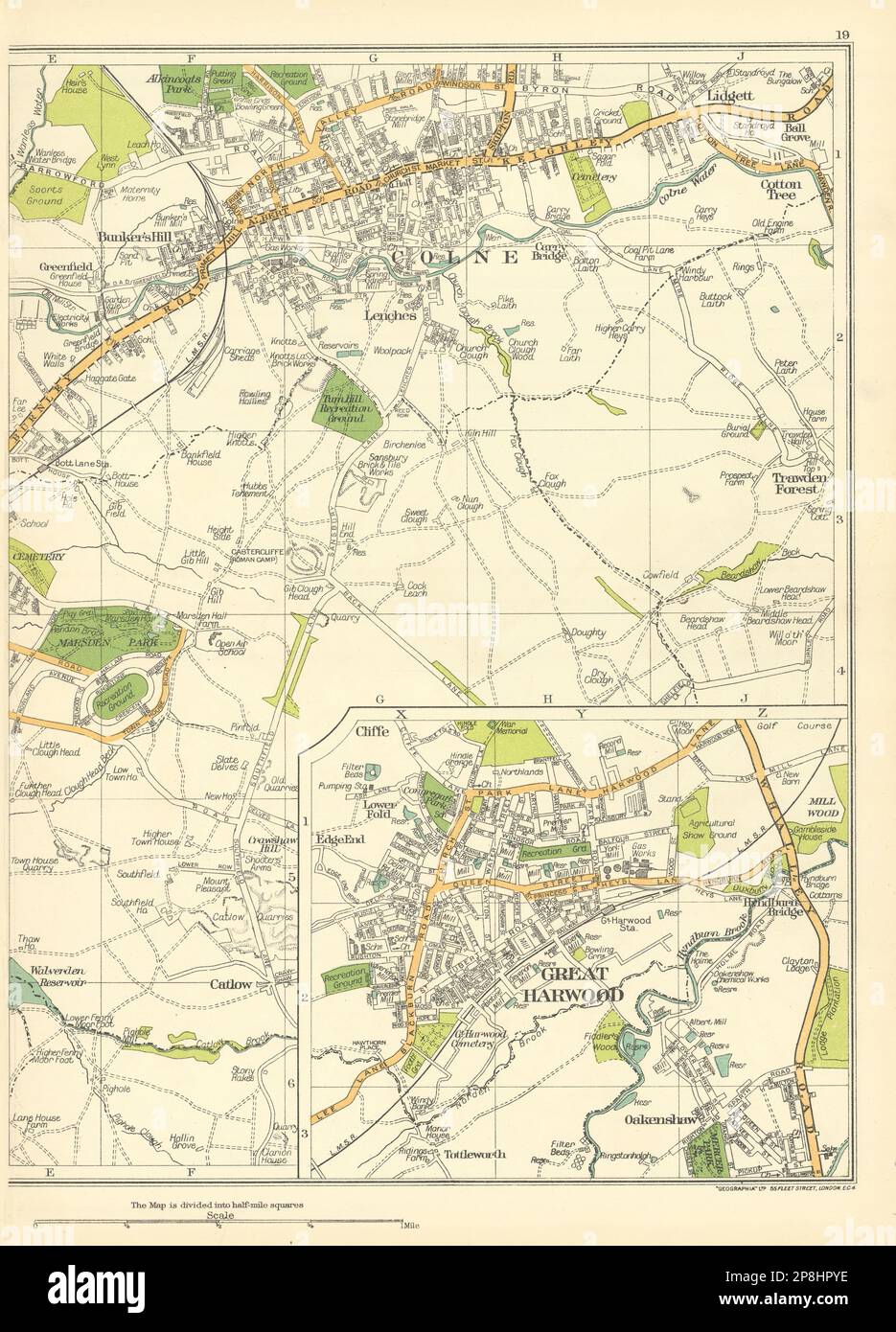 LANCS Colne Bunker's Hill Great Harwood Catlow Lenches Trawden Forest 1935 Karte Stockfoto