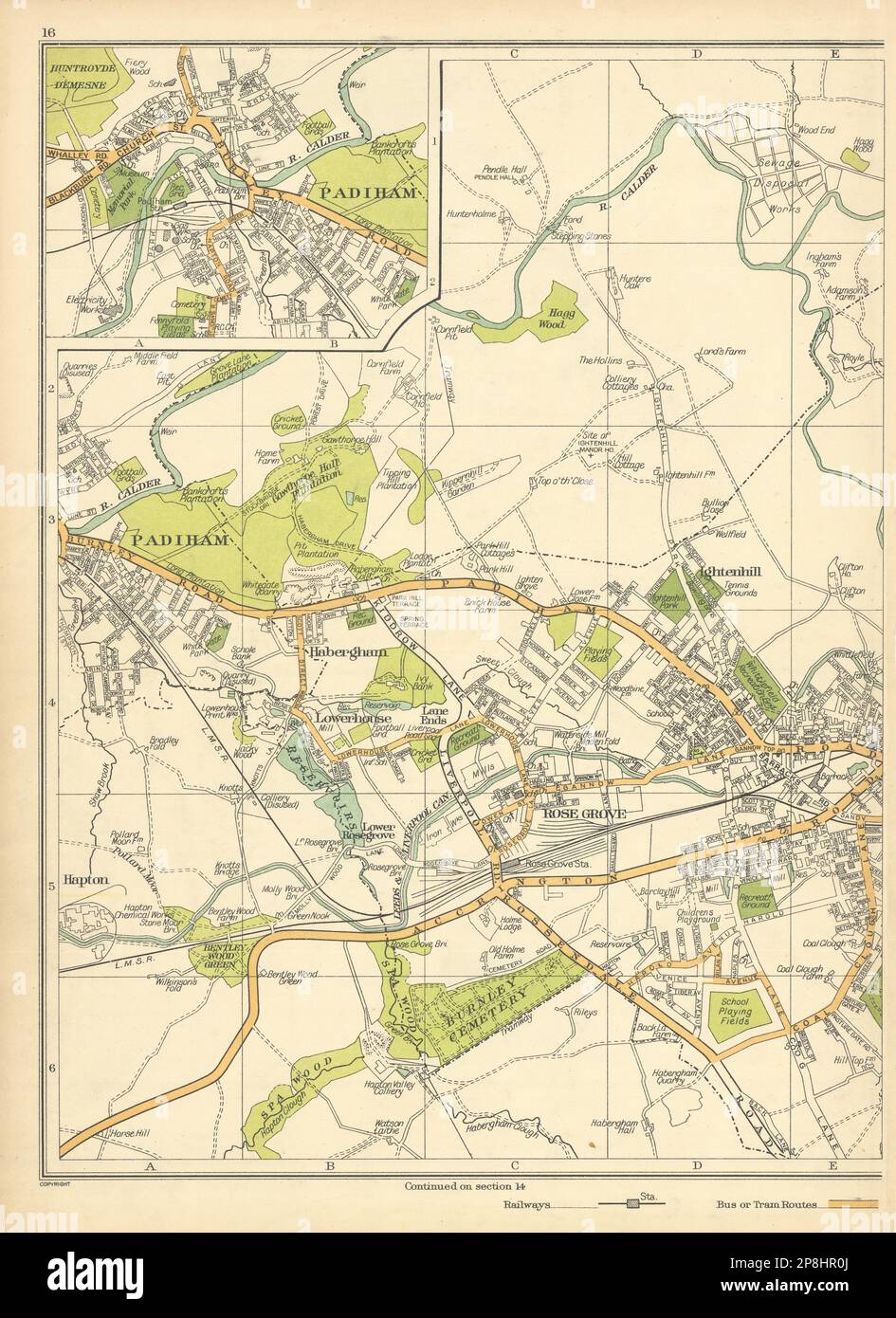 BURNLEY Padiham Ightenhill Habergham Lowerhouse Rose Grove 1935 Jahre alte Karte Stockfoto