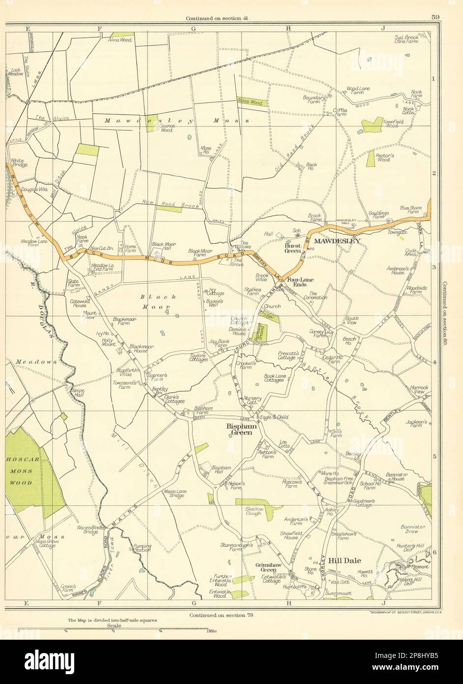 LANCASHIRE Hill Dale Bispham Green Four Lane Ends Mawdesley Black Moor 1935 Karte Stockfoto
