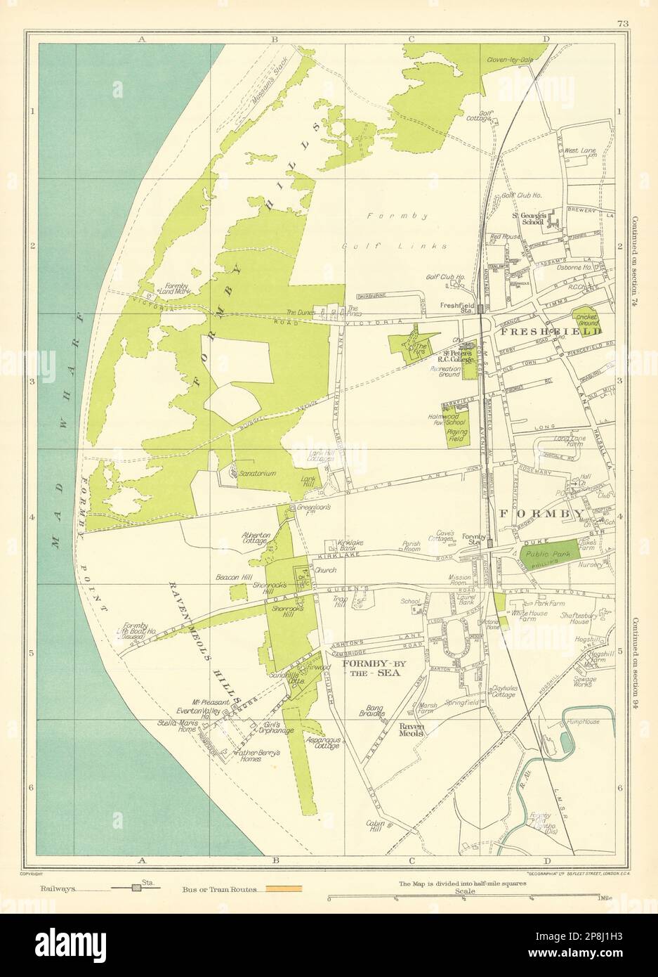 LANDCASHIRE Formby by the Sea Freshfield Raven Meols Hills Mad Wharf 1935 Karte Stockfoto
