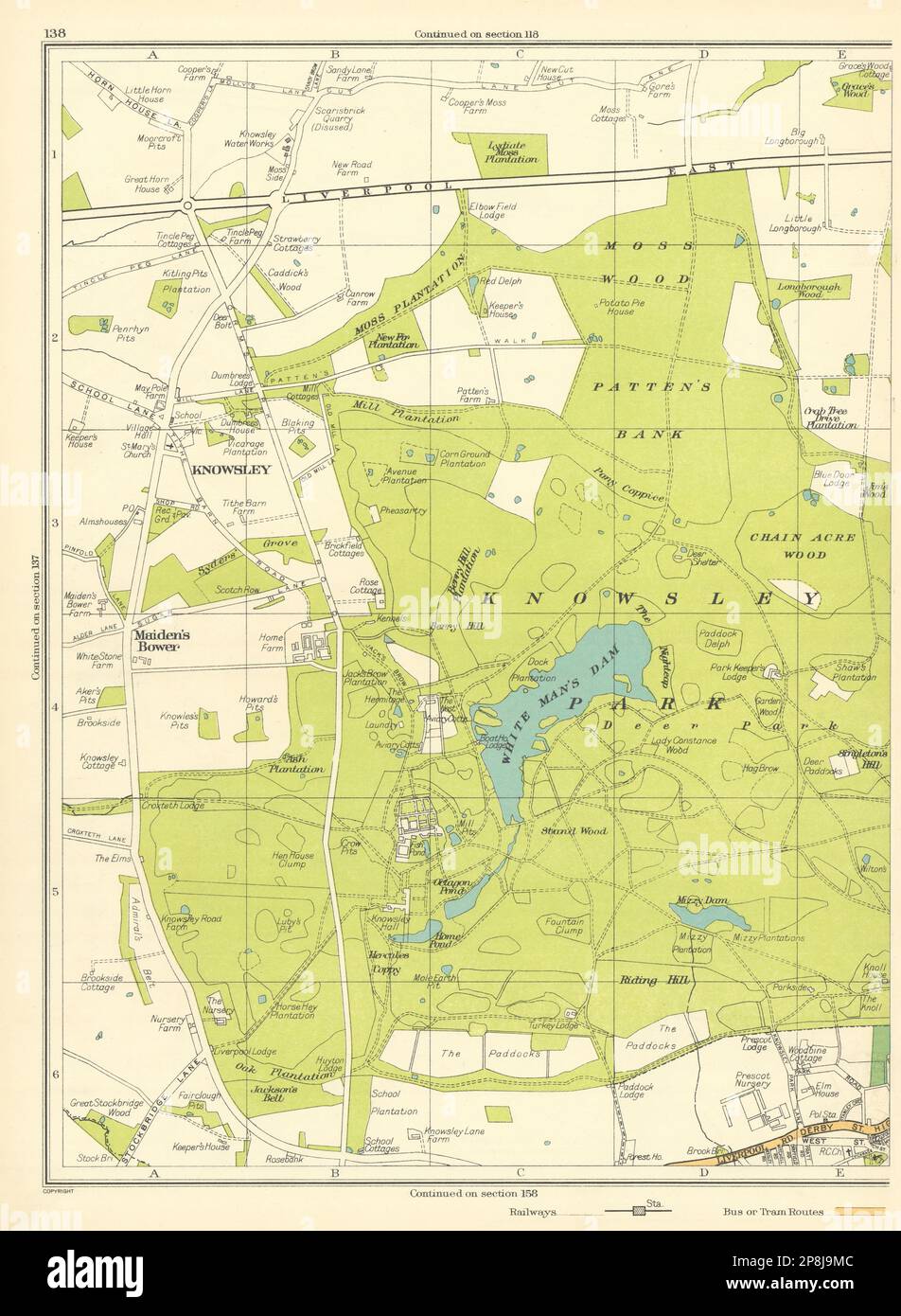 1935 Karte DES LANCS Knowsley Park Prescot Maiden's Bower White man's Dam Mizzy Dam Stockfoto
