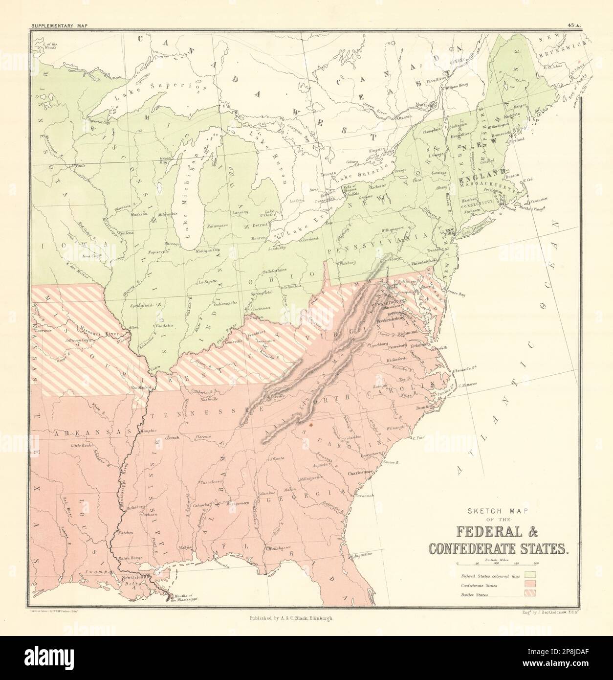 US-Bürgerkrieg. Skizzenkarte der Bundes- und Konföderierten Staaten. BARTHOLOMEW 1862 Stockfoto