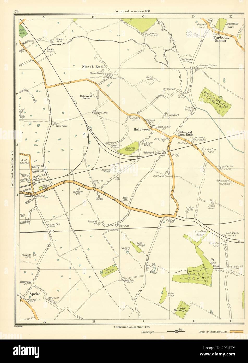 LANCASHIRE North End Halewood Mill Wood jagt Speke Tarbock Green 1935 alte Karte Stockfoto