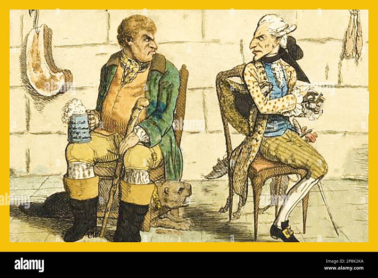 Ein politischer Cartoon aus dem Jahr 1780, der die Feindseligkeit zwischen Großbritannien und Frankreich illustriert. Das ungewöhnliche und geschickt ausgeführte Farbbild zeigt eine John Bull-Figur ohne seine erkennbare Union-Jack-Weste und kulturelle Unterschiede wie Essen und Trinken, Kleidung, Frisuren, Waffen (Kuschel und Schwert), Möbel und Hunde. Stockfoto