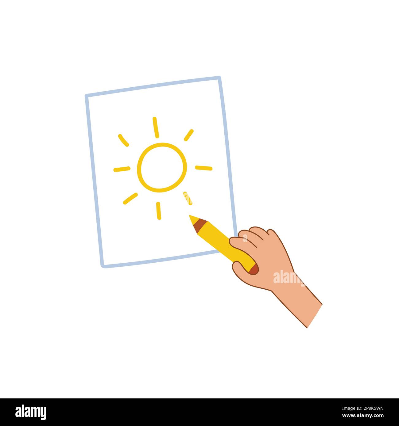 Eine Hand, die ein Bild der Sonne auf Papier zeichnet. Einfaches Bildmaterial mit einem Bleistift erstellen Stock Vektor