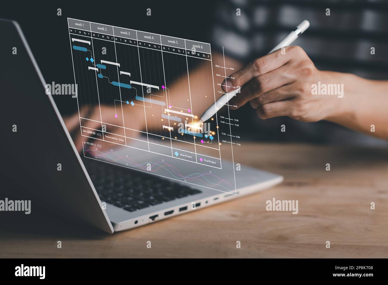 Analystenarbeit oder Projektmanagement mit smartpen, Laptop (Notebook) im erfolgreichen Start-up-Business-Konzept. Geschäftsmann mit Datenverwaltungssystem st Stockfoto