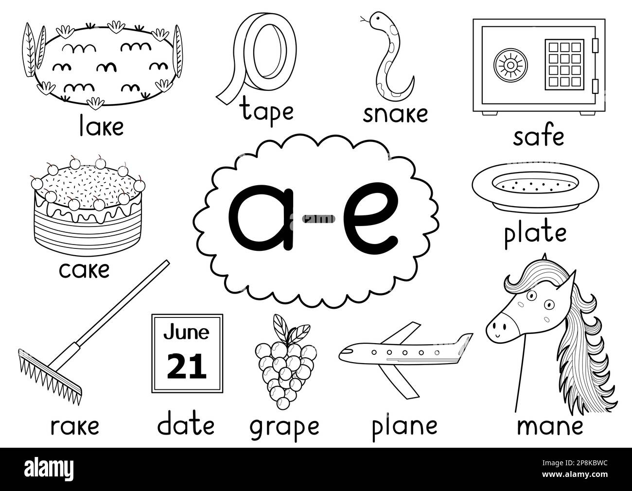 A-e-Digraph Rechtschreibregel Schwarz-Weiß-Plakat für Kinder mit Worten Stock Vektor