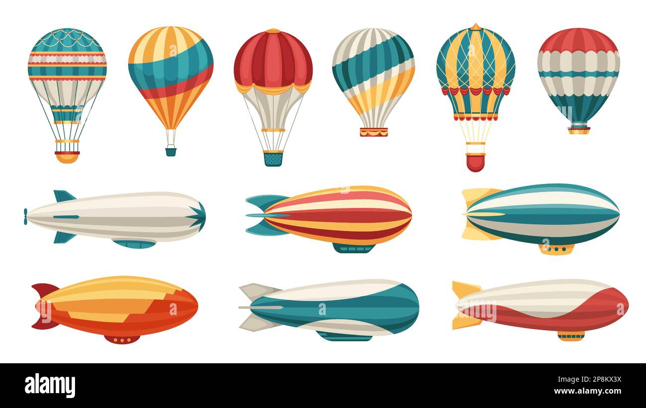 Cartoon-Luftschiff. Lufttransport im Heißluftballon mit Kabine und Korb, alter Lufttransport, farbenfrohe Flugzeugtechnik-Ikonen Stock Vektor