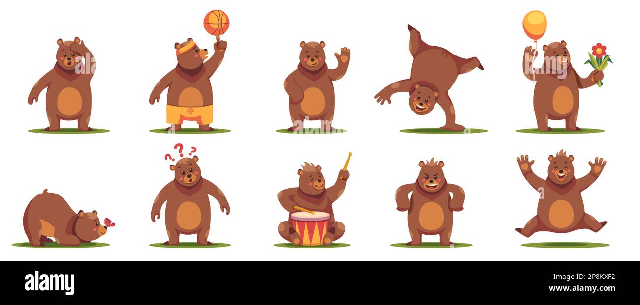 Komischer Bärencharakter. Süße Cartoon-Teddymaskottchen, komische flauschige Zootiere in verschiedenen Posen und Situationen, niedlicher pelziger Grizzly. Vektorflachsatz Stock Vektor