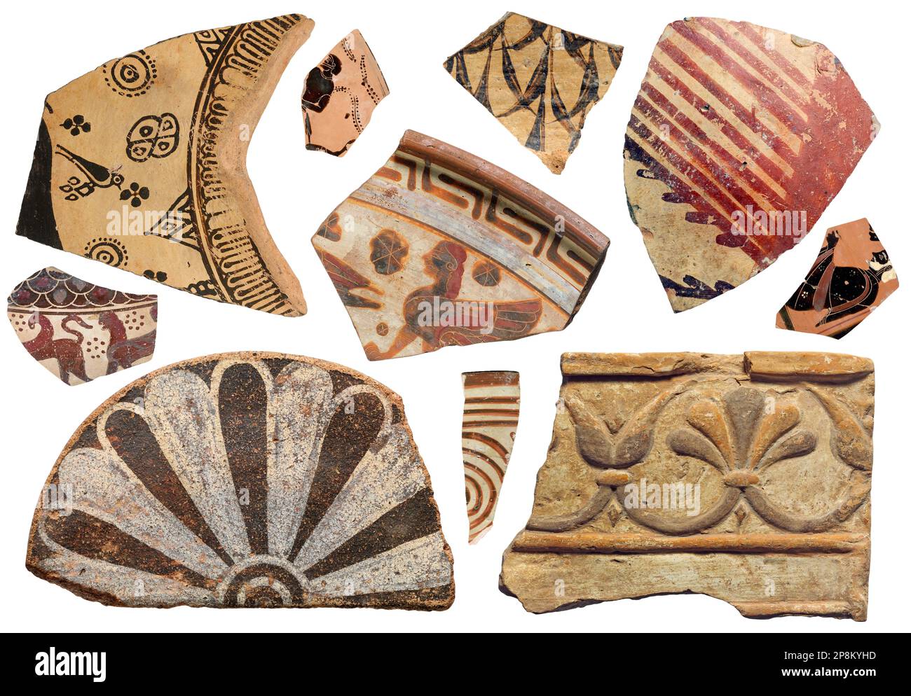 Antike Terrakotta-Fragmentsammlung, isolierte Keramikstücke aus alten griechischen und römischen Kulturen Stockfoto