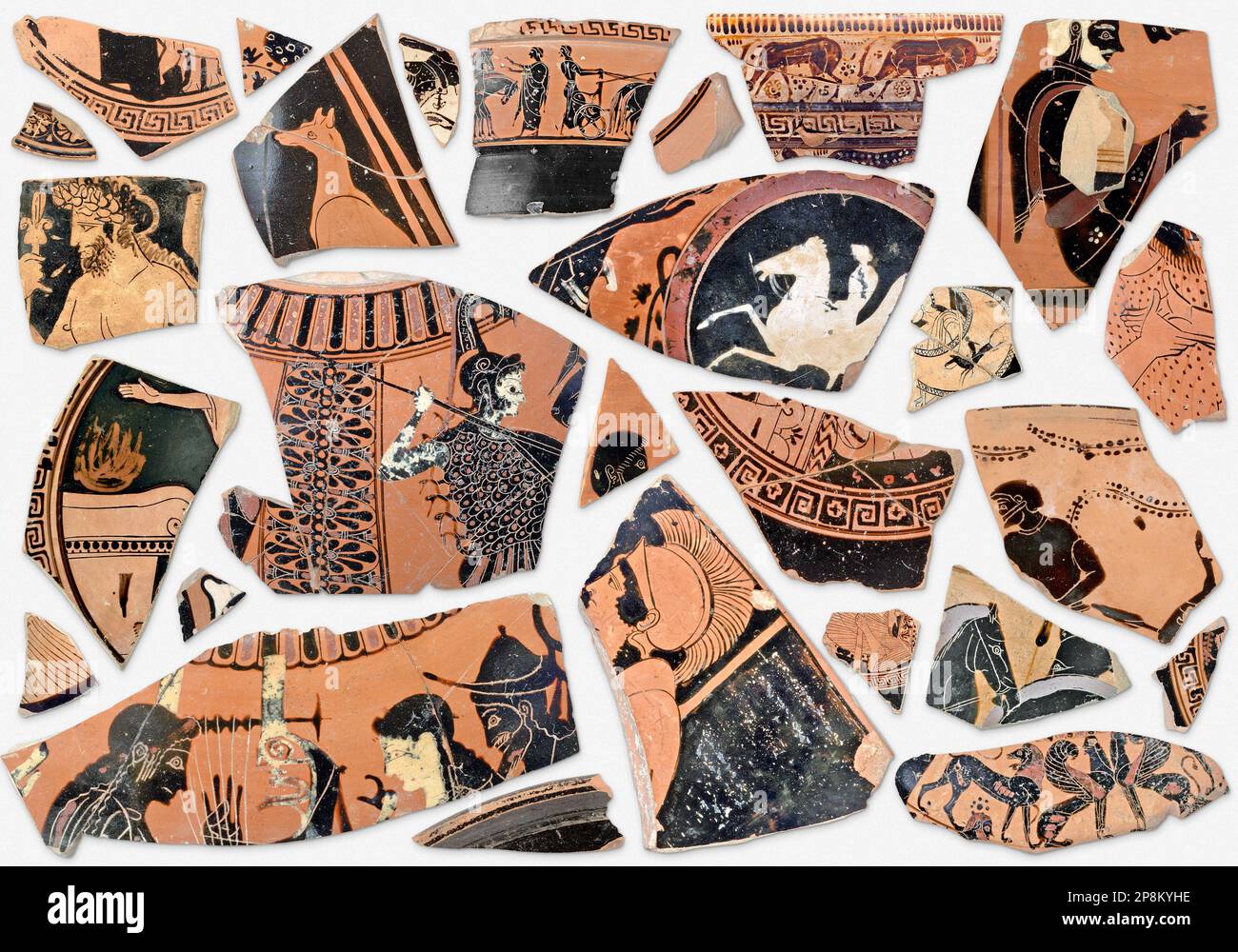 Hintergrund alter klassischer, griechischer Terrakotta-Fragmente, Sammlung antiker Keramikstücke aus zerbrochener Vase, Amphora, Krug und Glas Stockfoto