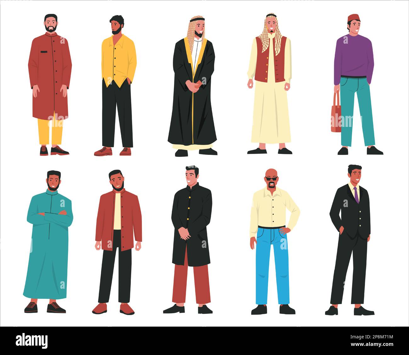 Muslimische Männer. Moderne arabische männliche Figuren in traditioneller arabischer Kleidung und stilvollen, lässigen Outfits, Porträts islamischer Menschen. Vektor-Cartoon-Set Stock Vektor