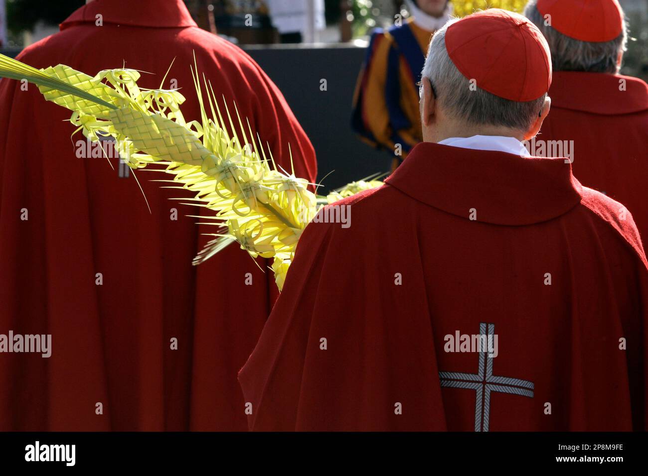 A cardinal holds a woven palm frond during an open-air Palm Sunday mass ...
