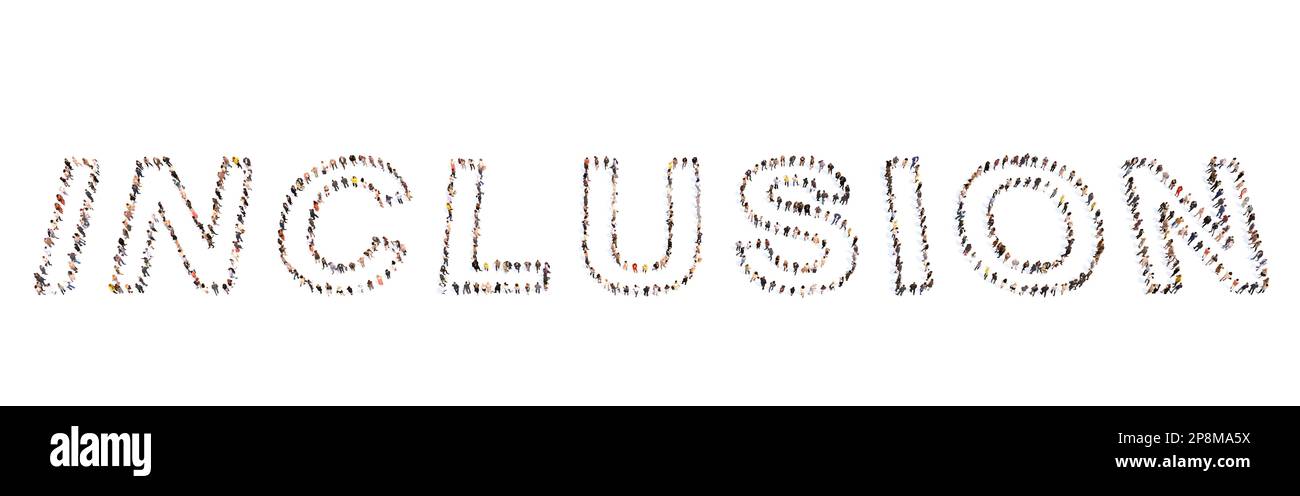 Konzeptionelle große Gemeinschaft von Menschen, die EIN WORT ZUR EINBEZIEHUNG bilden. 3D Illustration Metapher für Vielfalt, Gleichheit, Integration, Gemeinschaft, Bildung Stockfoto