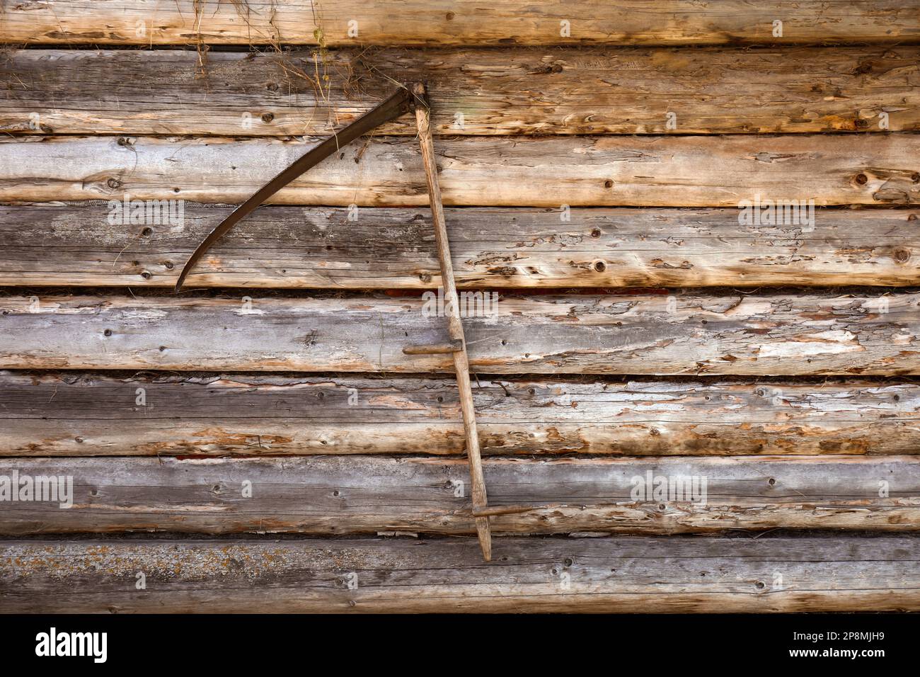 Scythe hängt an einer Holzwand. Landwirtschaftliche Werkzeuge Stockfoto