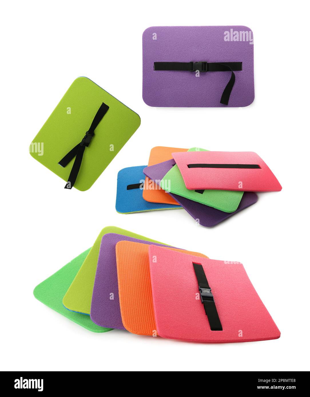 Set mit farbenfrohen Touristenmatten aus Schaumstoff auf weißem Hintergrund Stockfoto