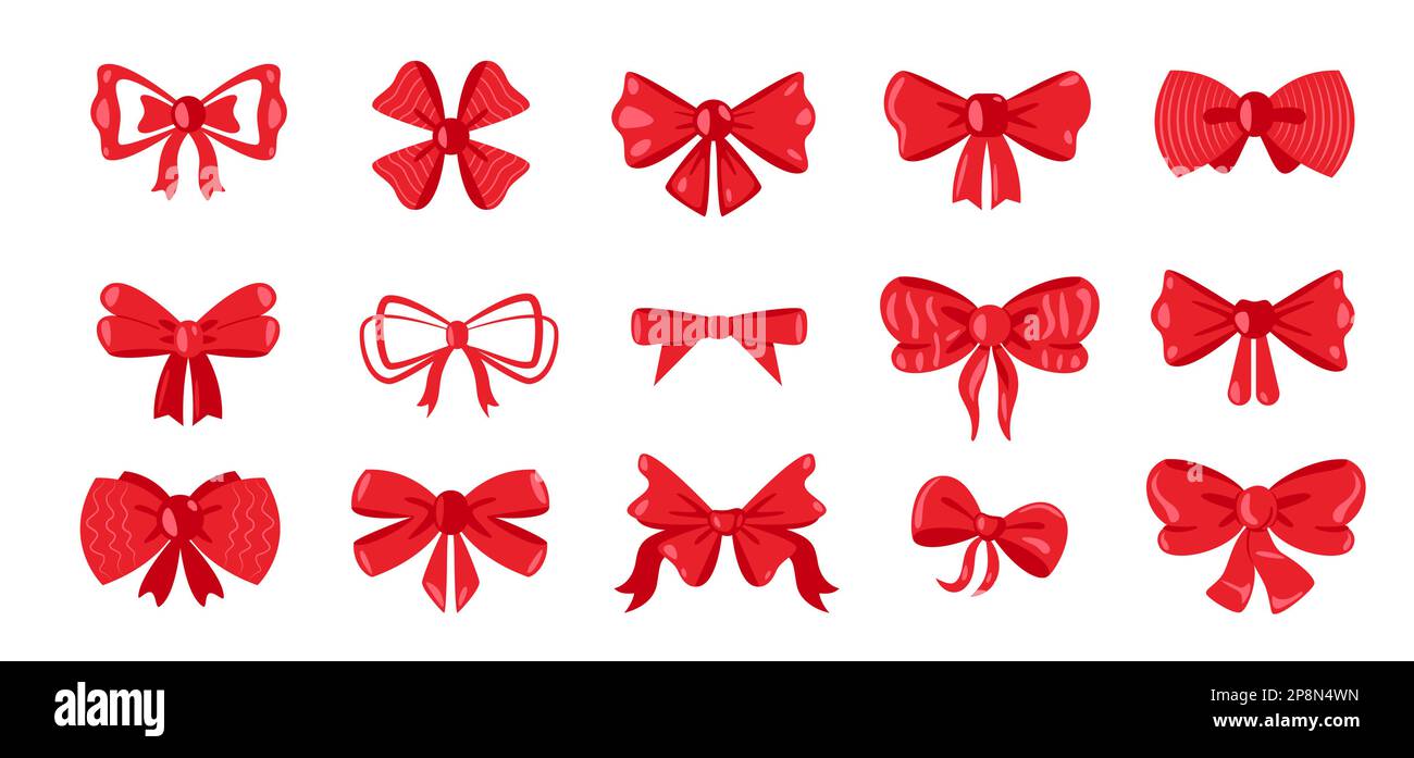 Cartoon-Geschenkschleifen. Dekorativer Schleifenknoten mit Bändern zum Einpacken Geschenkpaket, niedliches Band für Weihnachtsfeiern. Vektorflachsatz Stock Vektor