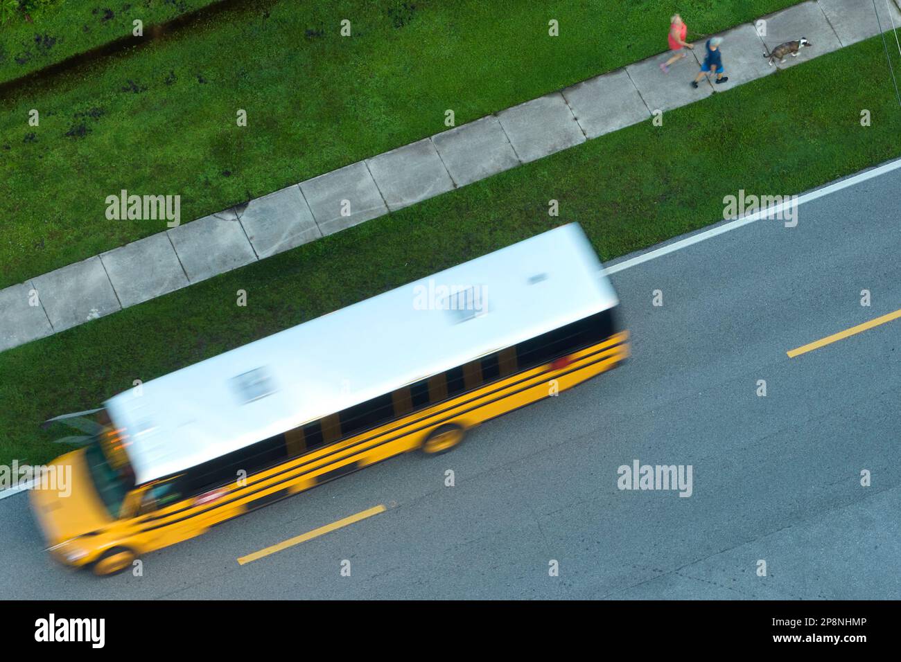 Draufsicht auf den klassischen gelben schulbus der usa, der auf der Straße der ländlichen Stadt fährt, um Kinder für ihre kleinen Kinder am frühen Morgen abzuholen. Öffentlicher Transponder Stockfoto