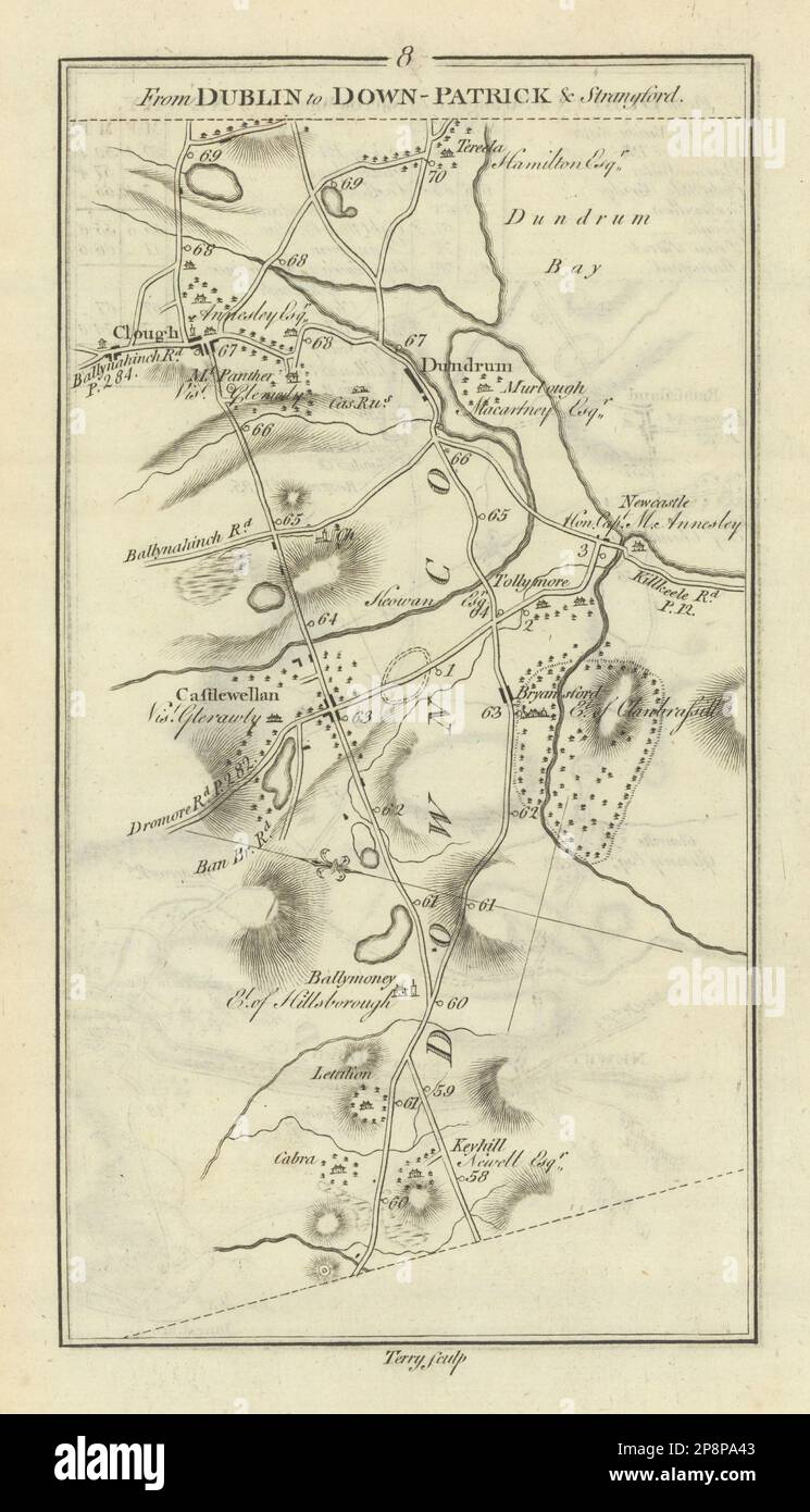 Nr. 8 Dublin an Downpatrick. Castlewellan Dundrum Clough. TAYLOR/SKINNER 1778 Karte Stockfoto