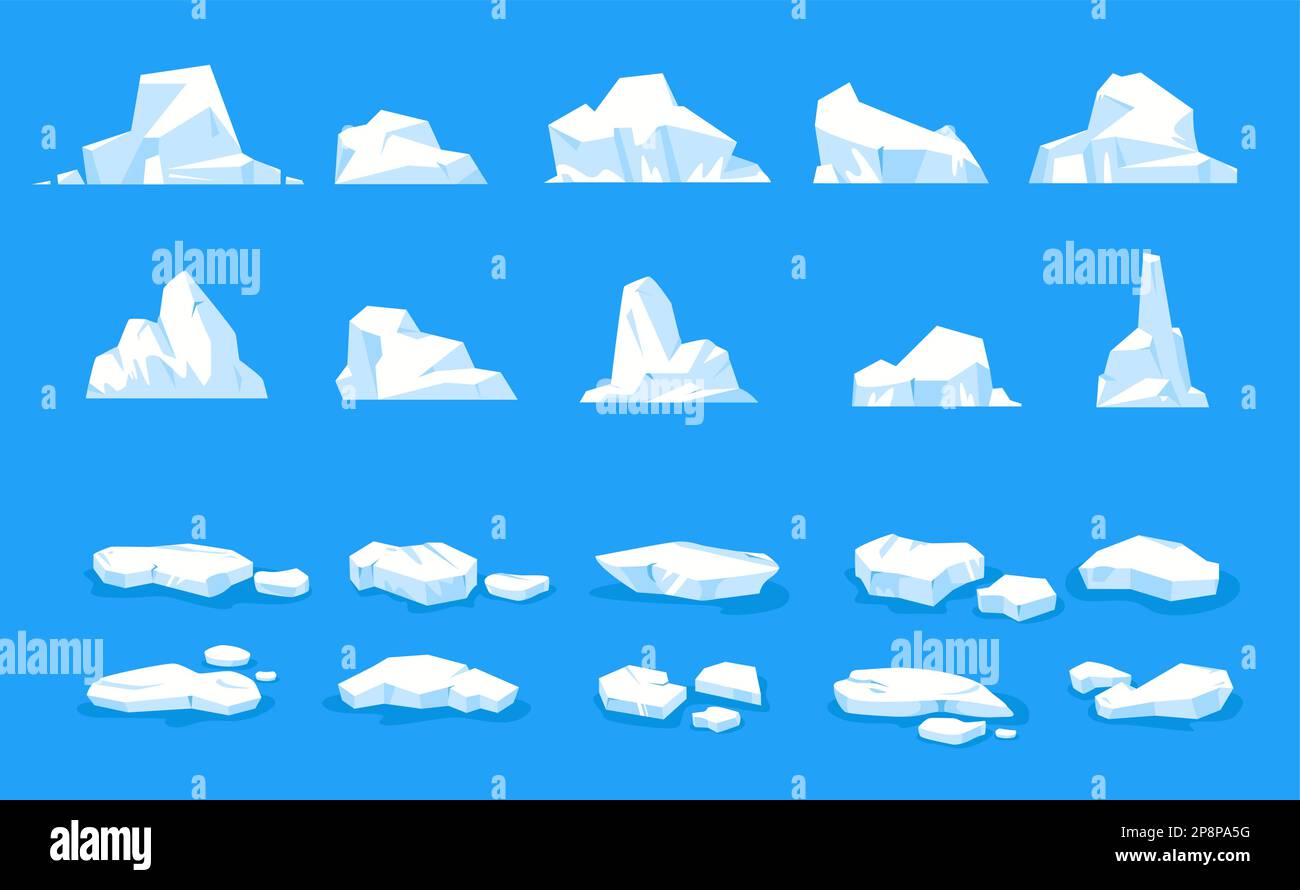 Eisschollen. Schwimmende antarktische Gletscherstücke, schmelzende Eisberge und gefrorene Eisblöcke, blaue Frostscholle in kaltem Wasser. Vektor-Cartoon-Set Stock Vektor
