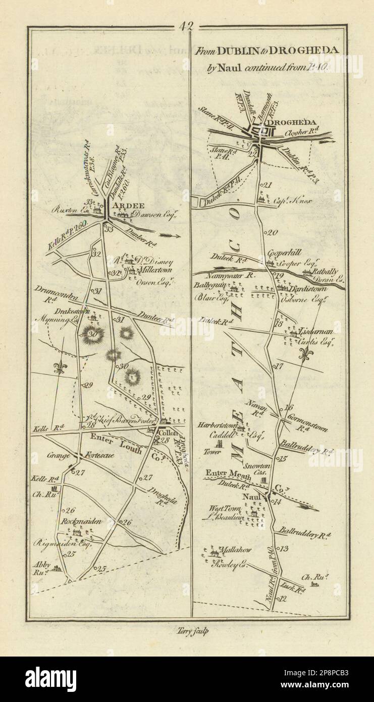 Nr. 42 Dublin nach Drogheda von Naul. Ardee Collon Louth. TAYLOR/SKINNER 1778 Karte Stockfoto