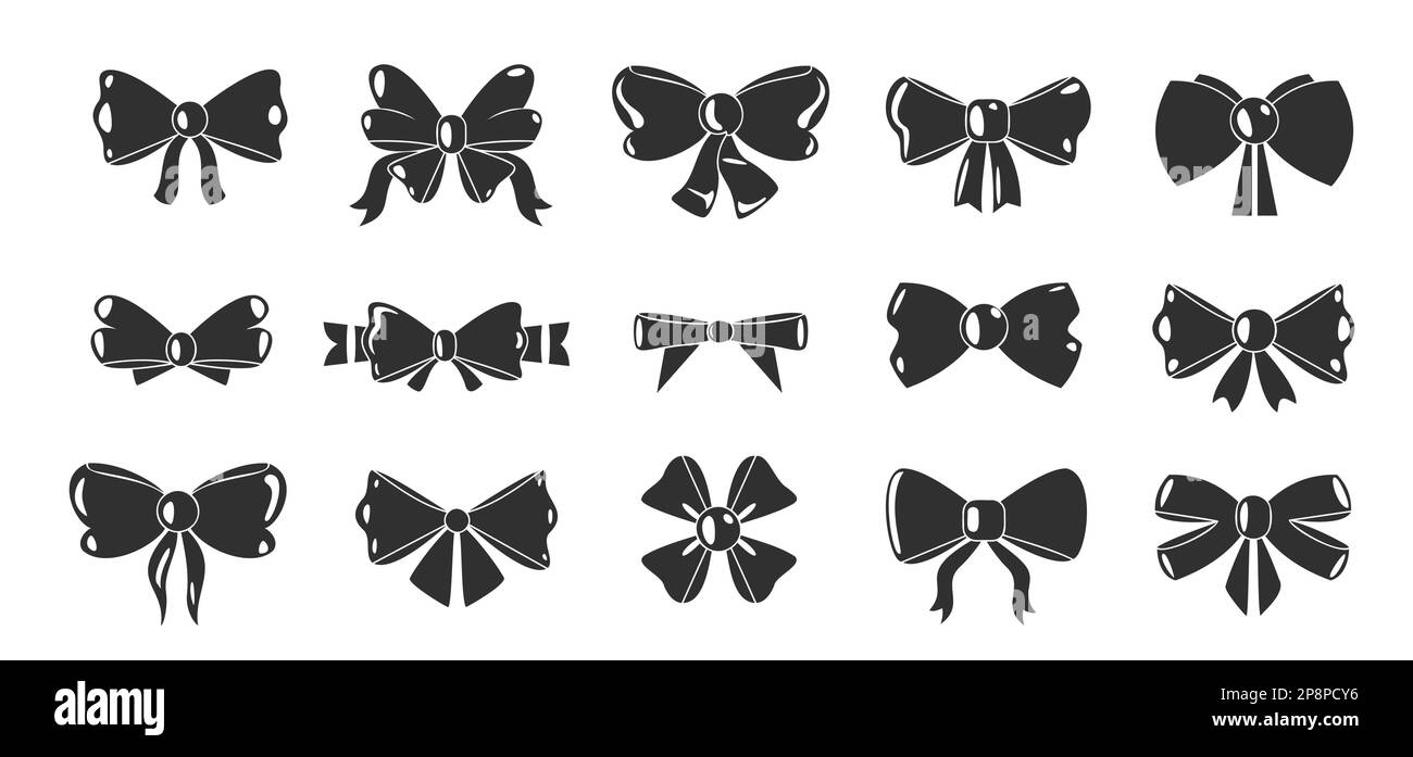 Schwarze Schleifensymbole. Dekorative Silhouetten in verschiedenen Formen, Geschenkbänder und kunstvoll verzierte Elemente für Partyfeiern. Vektor isoliert Stock Vektor