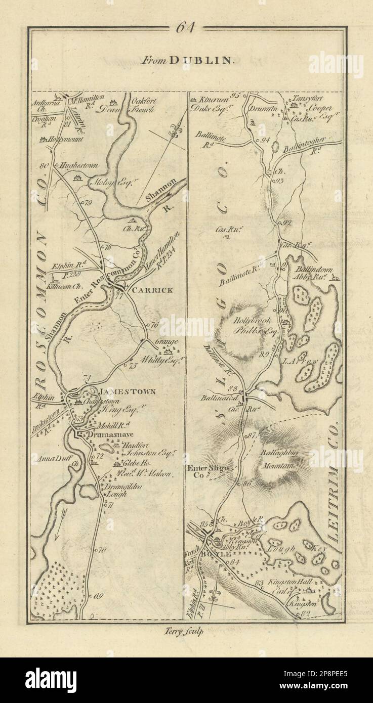 Nr. 64 Carrick/Shannon Drumsna Boyle Ballinafad Jamestown. TAYLOR/SKINNER 1778 Karte Stockfoto