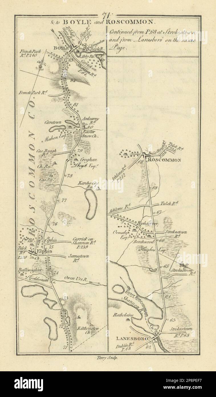 Nr. 71 Dublin an Boyle & Roscommon. Elphin Lanesborough. TAYLOR/SKINNER 1778 Karte Stockfoto
