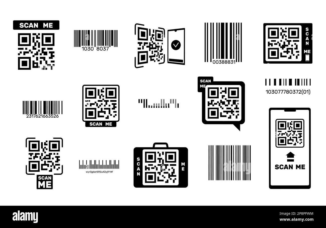 Barcodes und QR-Codes. Leicht zu identifizierende Etiketten auf Verpackungen, Smartphone-Rahmen mit scanbaren Informationen, Scandaten und Verifizierung Stock Vektor