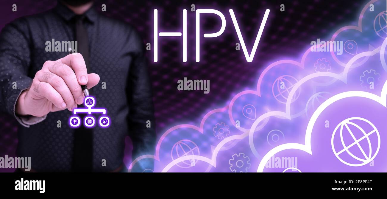 Schild mit HPV. Wort geschrieben auf Gruppe von Viren, die Ihre Haut und die feuchten Membranen beeinflussen Stockfoto