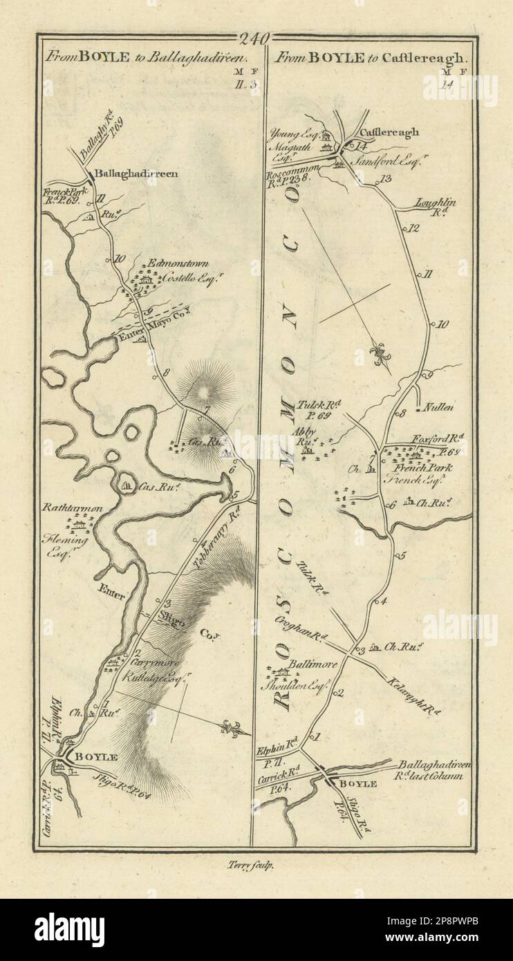 Nr. 240 Boyle an Ballaghaderreen und Castlerea. Roscommon. TAYLOR/SKINNER 1778 Karte Stockfoto