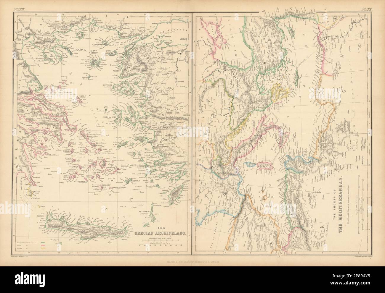 Griechische Inselgruppe Und Mittelmeerküste. Ägäische Inseln. HUGHES 1859 Karte Stockfoto