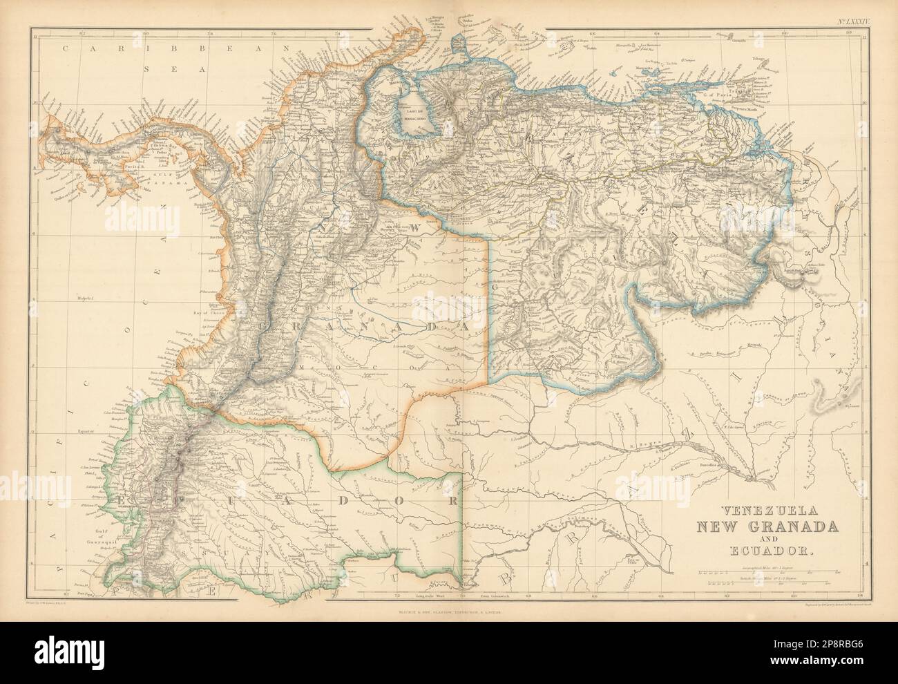 Venezuela, New Granada & Ecuador von J.W. Lowry. Kolumbien 1859 alte antike Karte Stockfoto