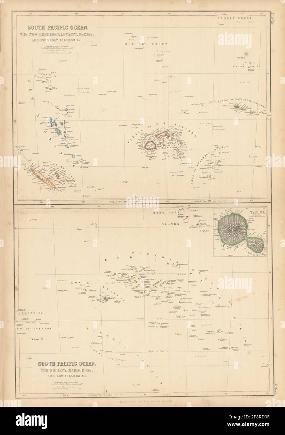 Südpazifische Inseln. Neue Karte von Polynesien 1859 in Hebriden, Loyalität, Fidschi-freundlich Stockfoto