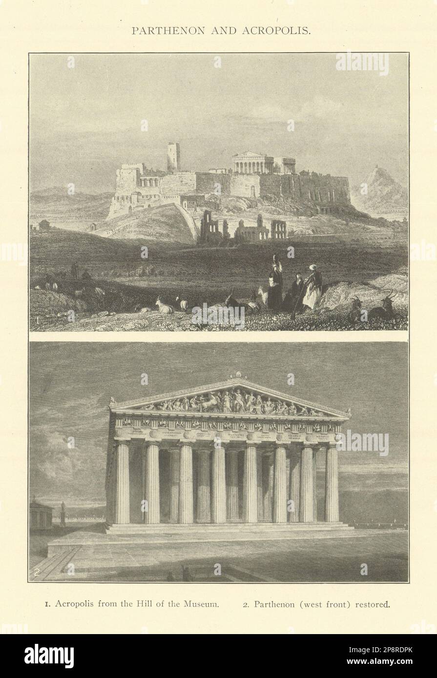 AKROPOLIS VON ATHEN vom Hügel des Museums. Die Westfront des Parthenon wurde 1907 restauriert Stockfoto