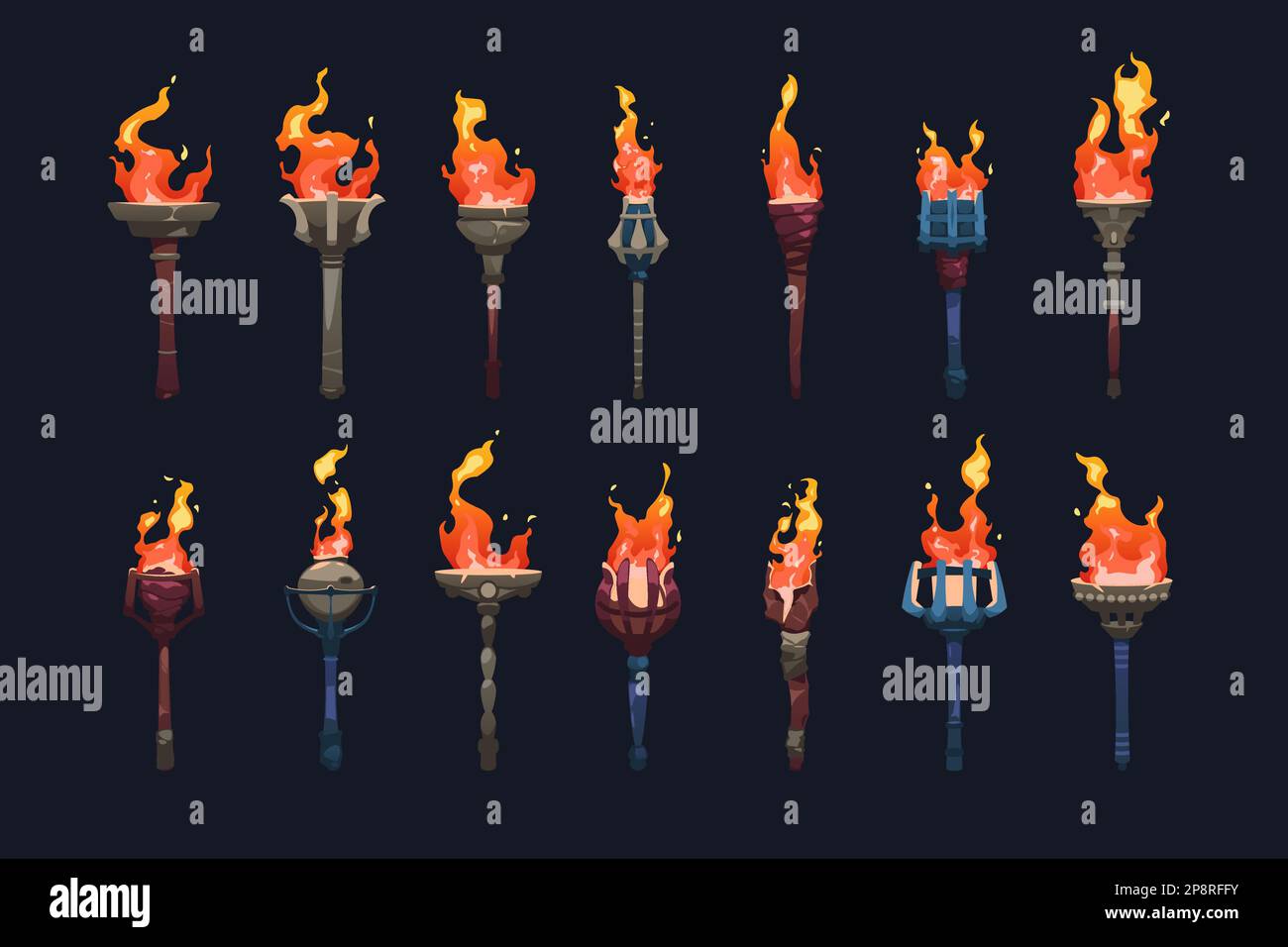 Mittelalterliche Fackel. Animationsset mit brennenden Feuerelementen und uraltem Stab mit Flammen für das Design von Spielelementen. Vektorsammlung Stock Vektor