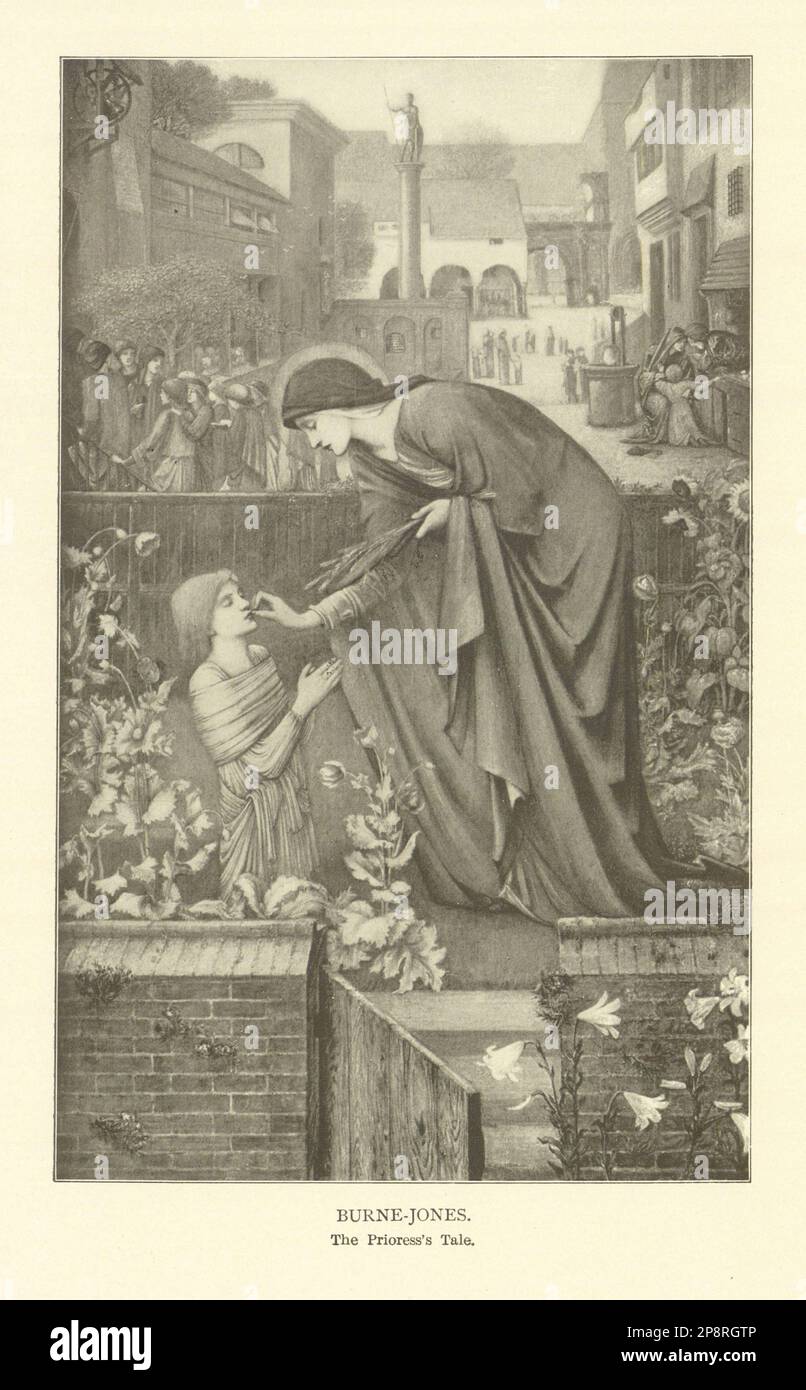 BURNE-JONES. Die Geschichte der Priorin. Dekoratives, 1907 Jahre altes, antikes Druckbild Stockfoto