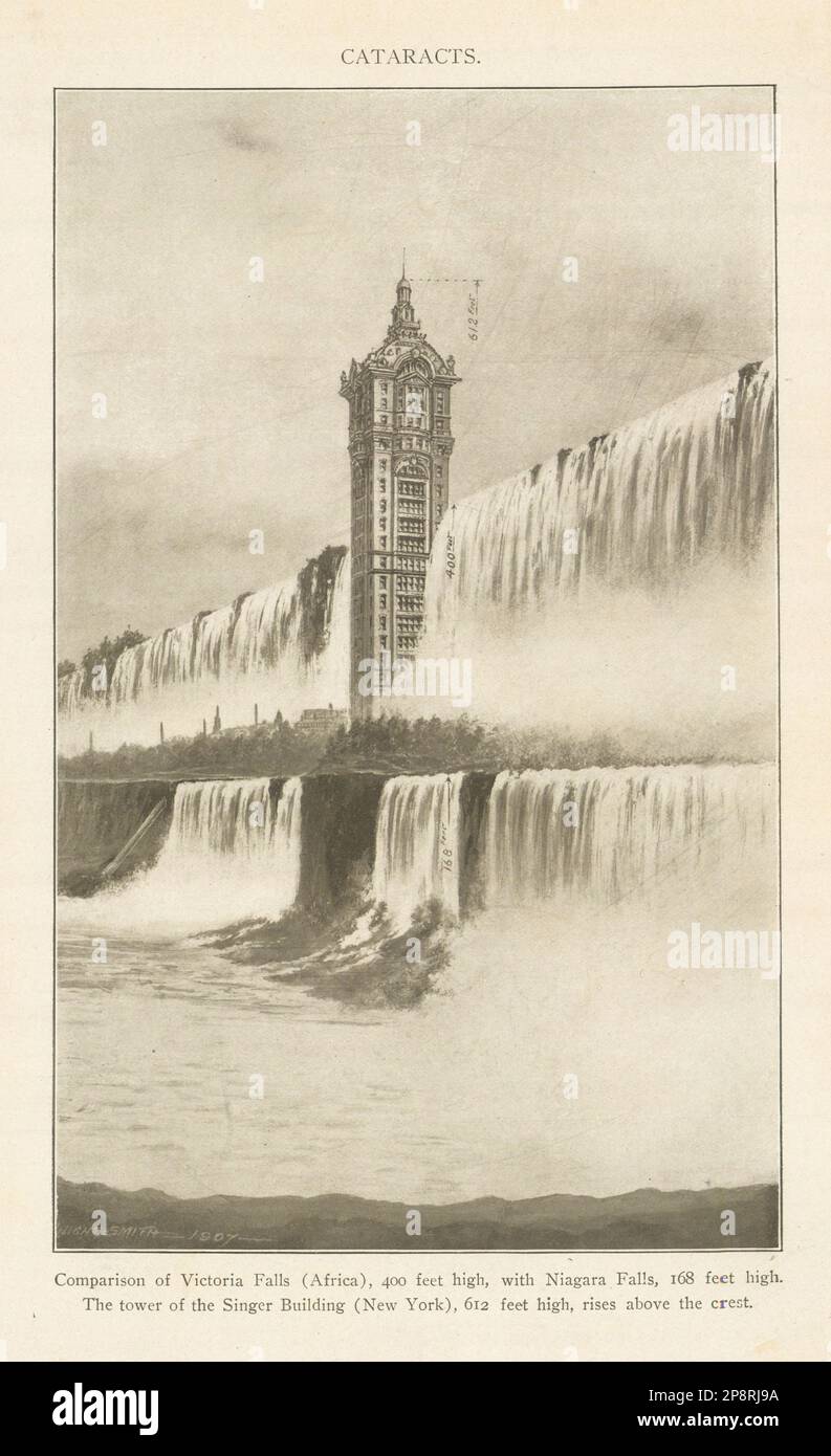 Victoria Falls, Niagara Falls & Singer Building (New York) verglich 1907 Print Stockfoto