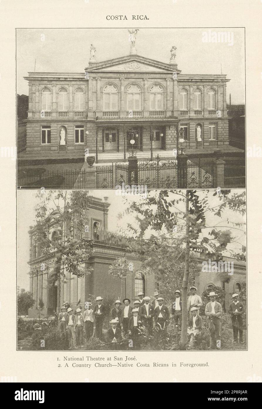 COSTA RICA. Nationaltheater in San Jose. Ein 1907 Jahre alter Druck der Country Church Stockfoto