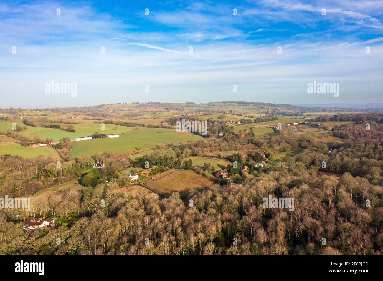 England, West Midlands, Kinver. Kinver Edge aus der Vogelperspektive - Ein beliebter Ort für Spaziergänge in Staffordshire. Stockfoto