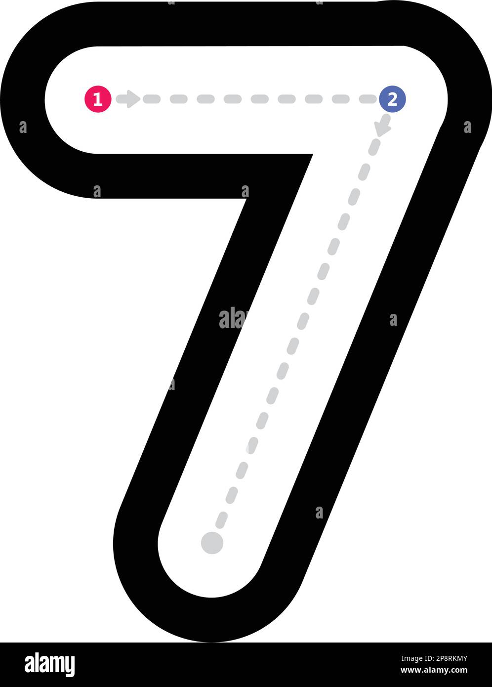 Rückverfolgung Nummer 7 Vorschreiben mit gepunkteten Linien Mathematik-Arbeitsblattelement für Kinder im Kindergarten und Vorschulalter für Handschriftübungen Stock Vektor