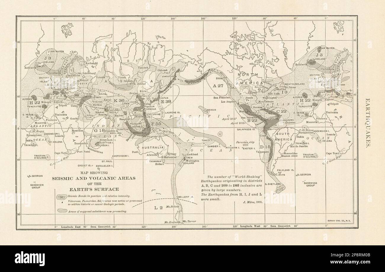 Erdbeben. Karte mit seismischen und vulkanischen Gebieten der Erdoberfläche 1907 Stockfoto