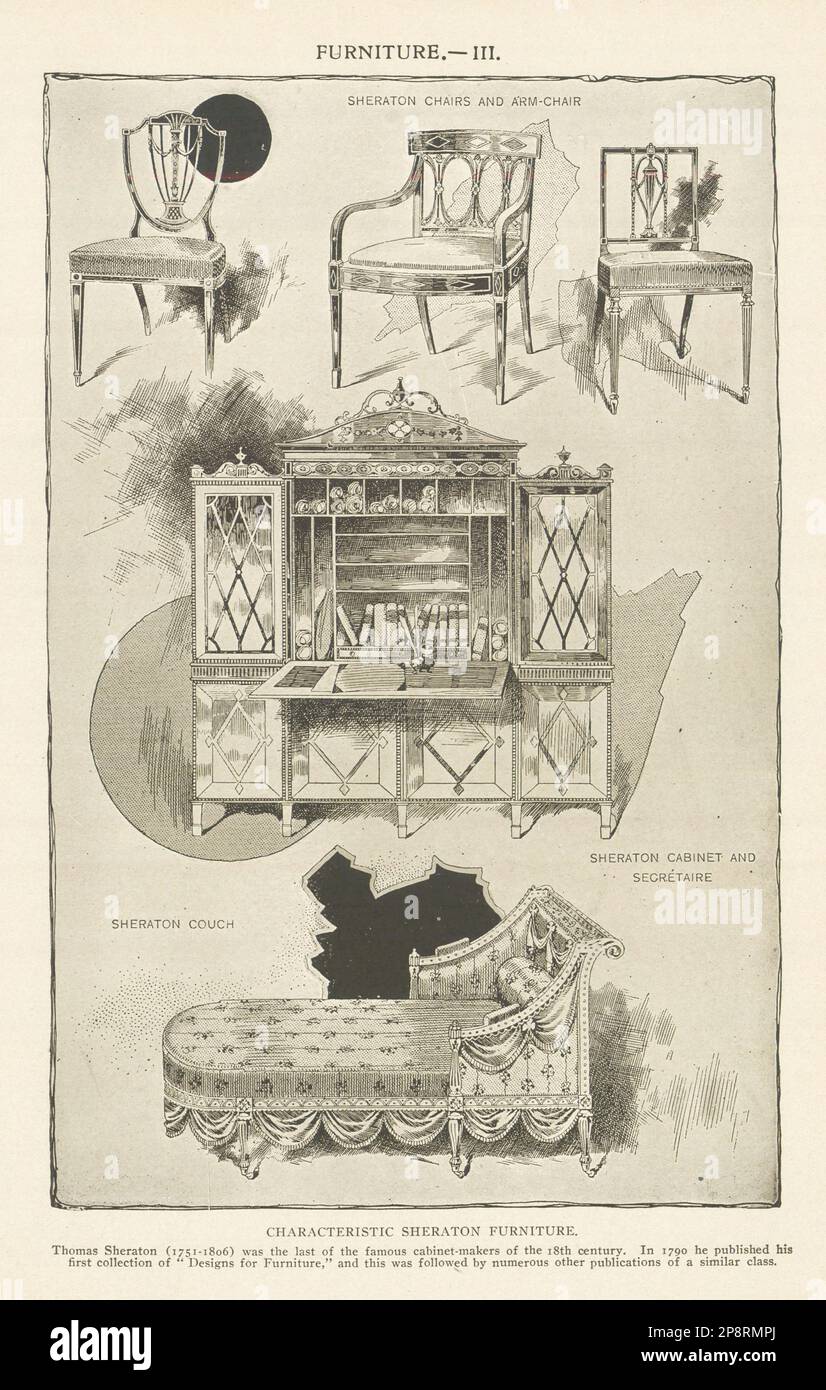 MÖBEL III CHARAKTERISTISCHE SHERATON-MÖBEL. Thomas Sheraton 1907-Druck Stockfoto
