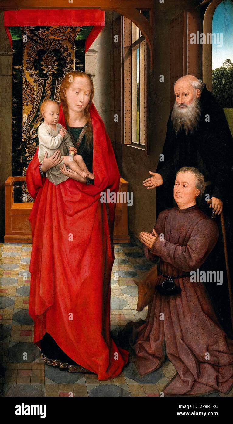 Die Jungfrau und das Kind mit dem heiligen Antonius Abt und einem Spender von Hans Memling (c.1430-1494), Öl auf Eichenplatte, c.1472 Stockfoto