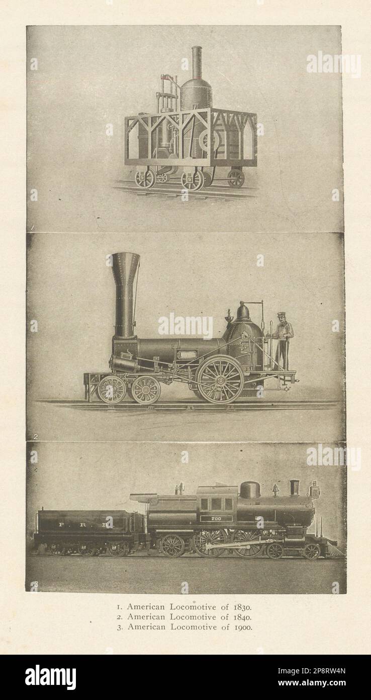 Lokomotiven der American Rail von 1830, 1840 und 1900. USA 1907 alter Antiquitätendruck Stockfoto