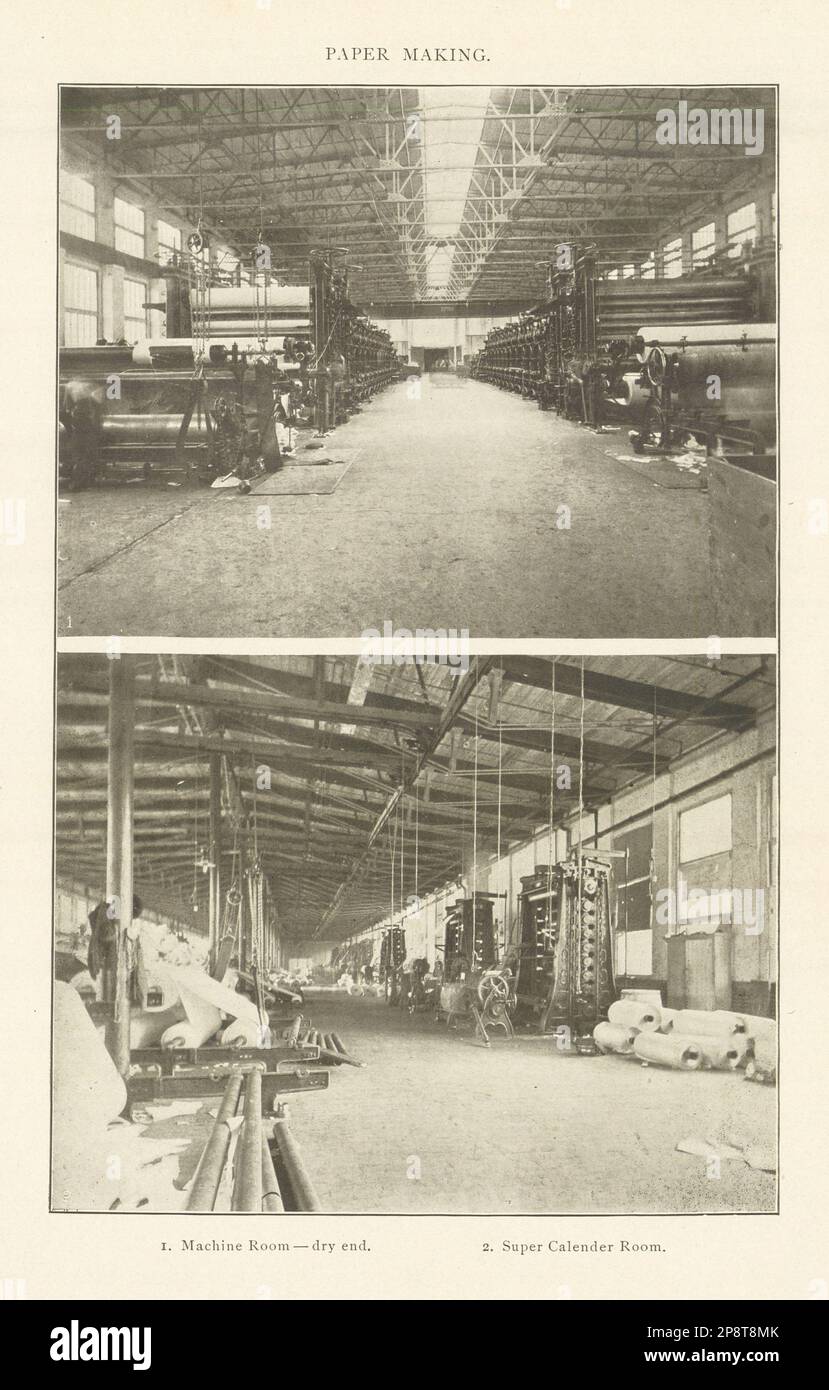 PAPIERHERSTELLUNG. Maschinenraum, trockenes Ende Super Calender-Zimmer. Fertigung 1907 Stockfoto