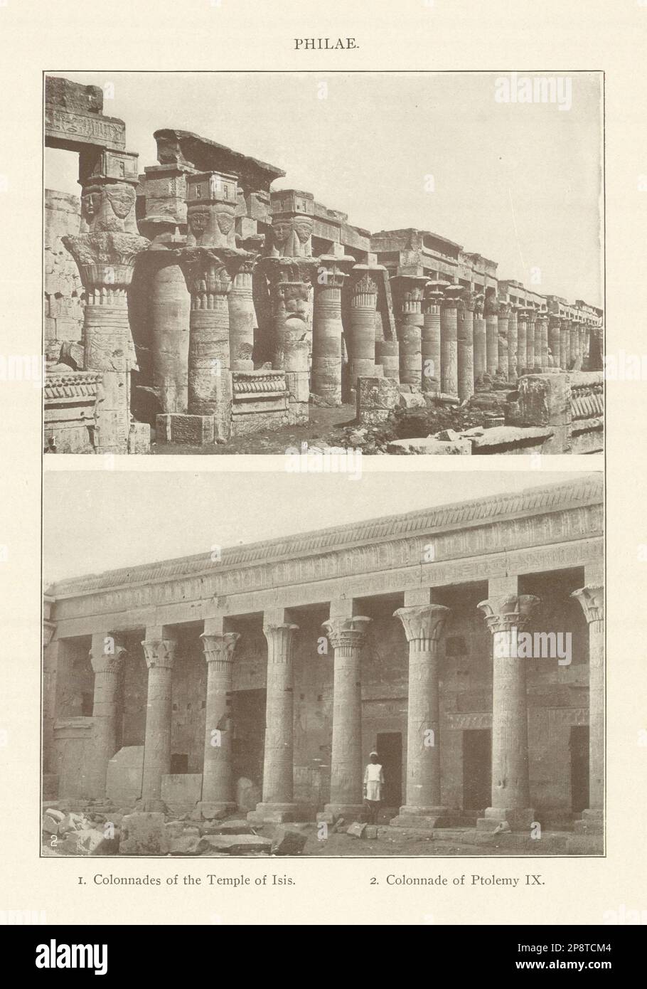 PHILAE. Kolonnaden des Tempels der Isis. Kolonnade von Ptolemäus IX Ägypten 1907 Stockfoto