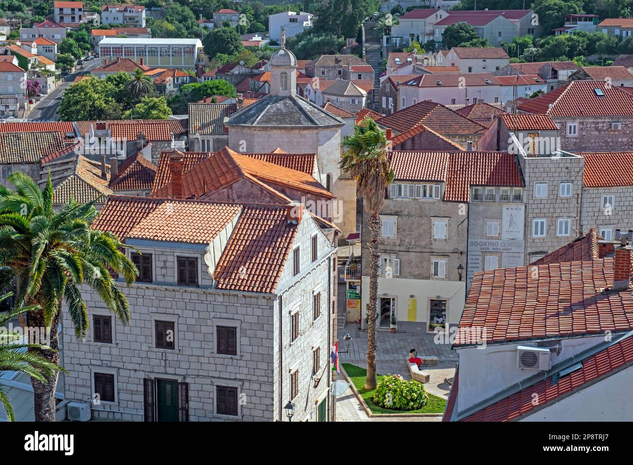 Blick über die Altstadt von Korčula auf der Insel Korčula in der Adria, Dalmatien, Dubrovnik-Neretva, Kroatien Stockfoto