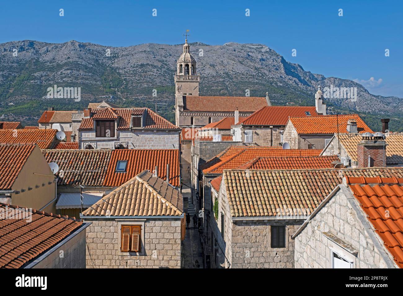 Blick über Häuser und die Kathedrale von St. Mark in der Altstadt Korčula auf der Insel Korčula in der Adria, Dalmatien, Dubrovnik-Neretva, Kroatien Stockfoto