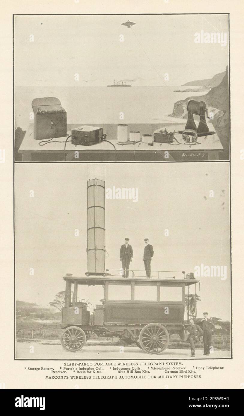 SLABY-D'ARCO TRAGBARER DRAHTLOSER TELEGRAF. MARCONIS MILITÄRAUTO 1907 Stockfoto